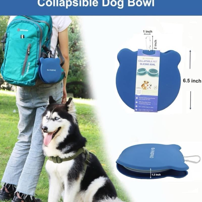 Collapsible Dog Bowls Water, Portable Travel Pet Food Feeding Cat Bowl, Foldable Expandable Cup Dish with No Spill Non-Skid Silicone Mat, Free Carabiner for Traveling, Hiking, Camping (Navy Blue