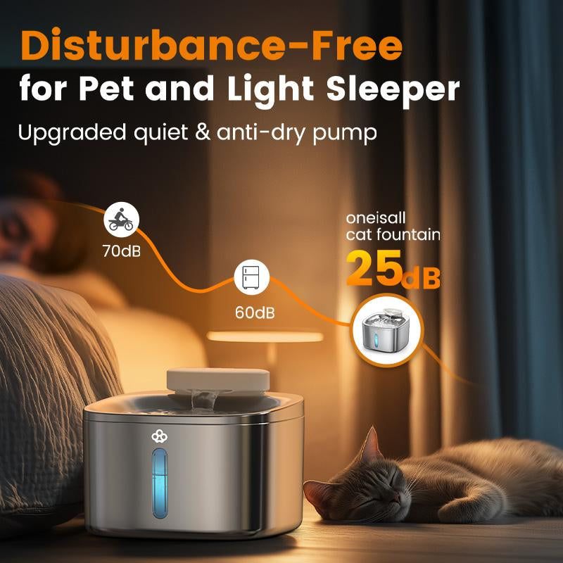 Oneisall Wireless Cat Water Fountain, Stainless Steel, 3.5L/118Oz Automatic Cat Water Fountain Cordless & Rechargeable with Motion Sensor and Low Noise