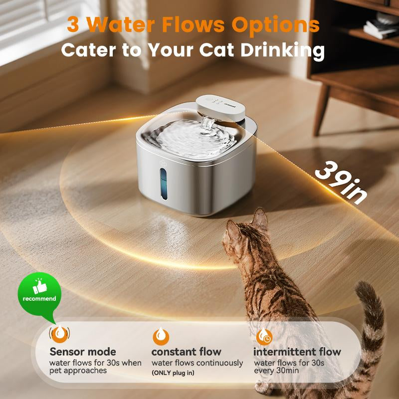 Oneisall Wireless Cat Water Fountain, Stainless Steel, 3.5L/118Oz Automatic Cat Water Fountain Cordless & Rechargeable with Motion Sensor and Low Noise