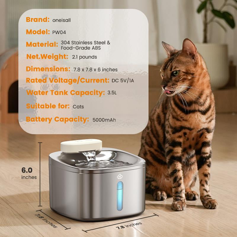 Oneisall Wireless Cat Water Fountain, Stainless Steel, 3.5L/118Oz Automatic Cat Water Fountain Cordless & Rechargeable with Motion Sensor and Low Noise